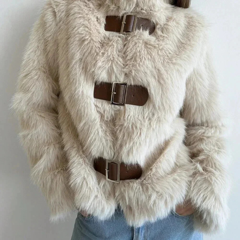 Apricot Casual Women's Stand Collar Fitted Long Sleeve Fluffy Button Jacket - Picture 2 of 9